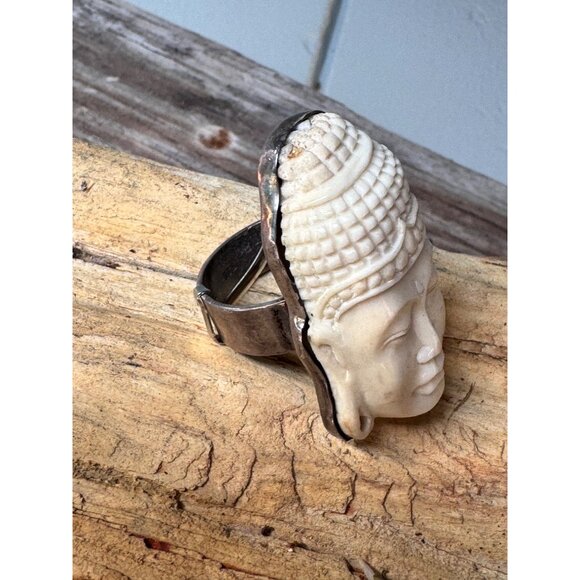 Handcrafted Buddha Head Ring With Sterling Silver Band Size 8 - Picture 3 of 8